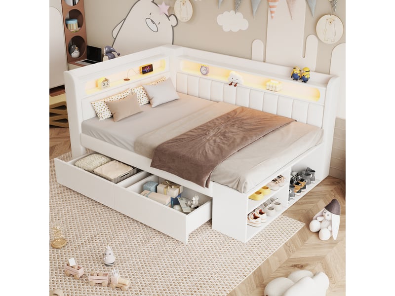  Lit capitonné 90x200 cm blanc, armoire à chaussures et deux tiroirs, éclairage led et usb pour chambre.  - Conforama D