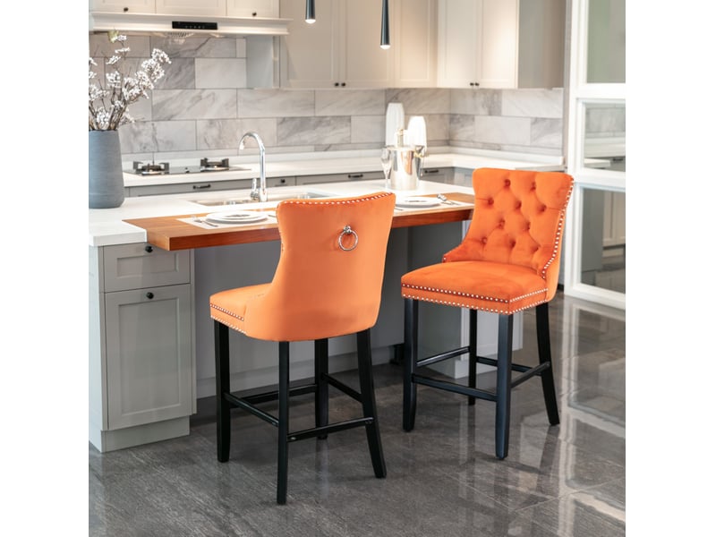 Tabouret de bar velours orange dossier haut capitonné bois cravdom - Conforama D