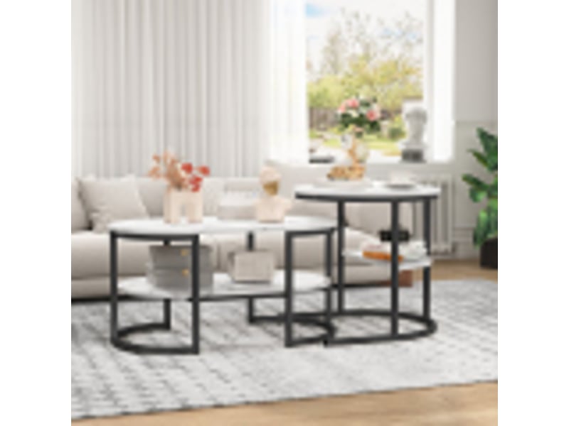  Lot de 2 tables basses 80x46x41 cm, table gigogne design marbre, avec espace de rangement, table d'appoint moderne en faux marbre pour salon, chambre à coucher, (noir, oval)  - Conforama B