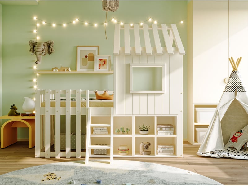  Lit cabane enfant 90x200 cm bois massif blanc avec toit, fenêtre, échelle et rangement ouvert – sans matelas  - Conforama C