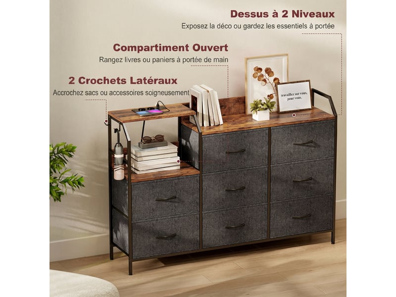  Commode, meuble de rangement avec station de recharge, 8 tiroirs en tissu, étagère ouverte, marron, 130,5x30x88cm  - Conforama R