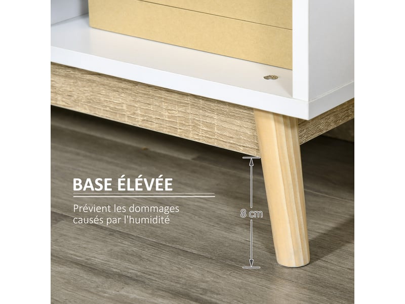  Buffet salon, meuble de rangement 9 cubes avec 3 portes et 3 compartiments ouverts, pieds en bois de pin, style moderne, buffet salle à manger, cuisine, 96x30x75cm, blanc et naturel  - Conforama R