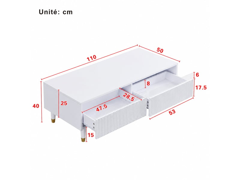  Table basse avec 2 tiroirs et façades ondulées, éclairage led, 110 x 50 x 40 cm  - Conforama C