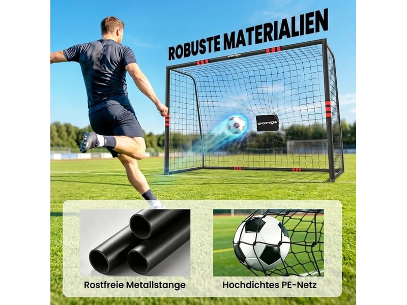 But de football de jardin 300 x 200 cm noir et rouge avec filet pe, cadre rembourré et 5 ancrages au sol - Conforama A