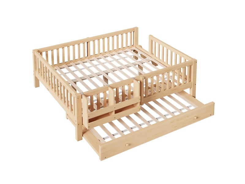  Lit enfant 140x200cm, avec lit gigogne90x190cm, petite échelle, panier de rangement, barrière, bois + mdf, couleur bois  - Conforama D
