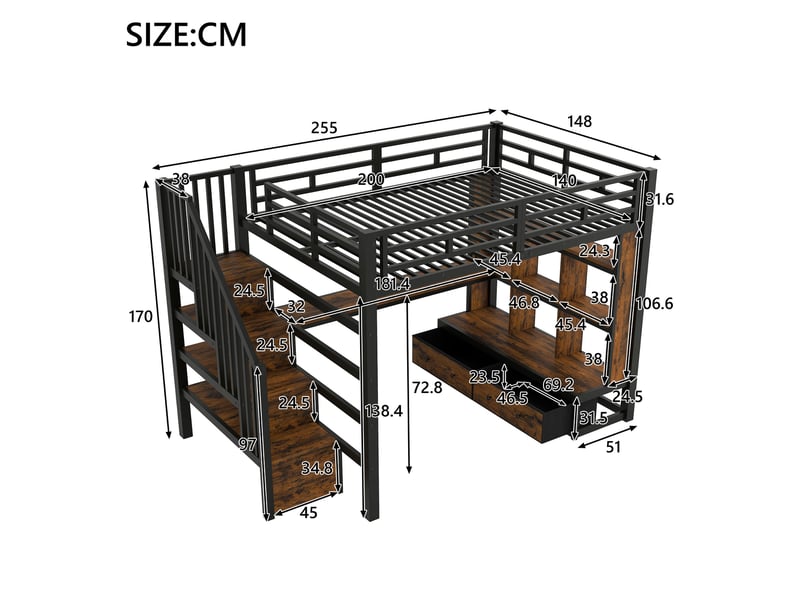 Lit mezzanine 140x200 cm avec bureau et rangements, escalier avec rangement et 2 tiroirs, led intégrée, métal noir - Conforama C
