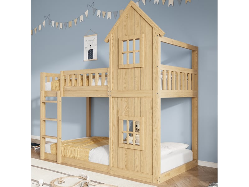  Lit superposé enfant 90x200 cm forme maison, escalier 3 marches, naturel  - Conforama E