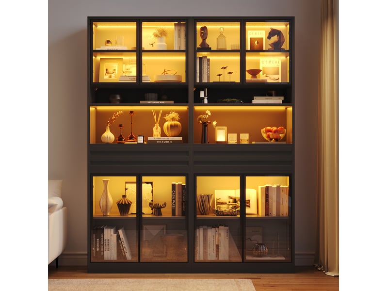  Lot de 2 vitrines avec 8 portes vitrées, 2 tiroirs et éclairage led à commande vocale pour salon en mdf noir  - Conforama B