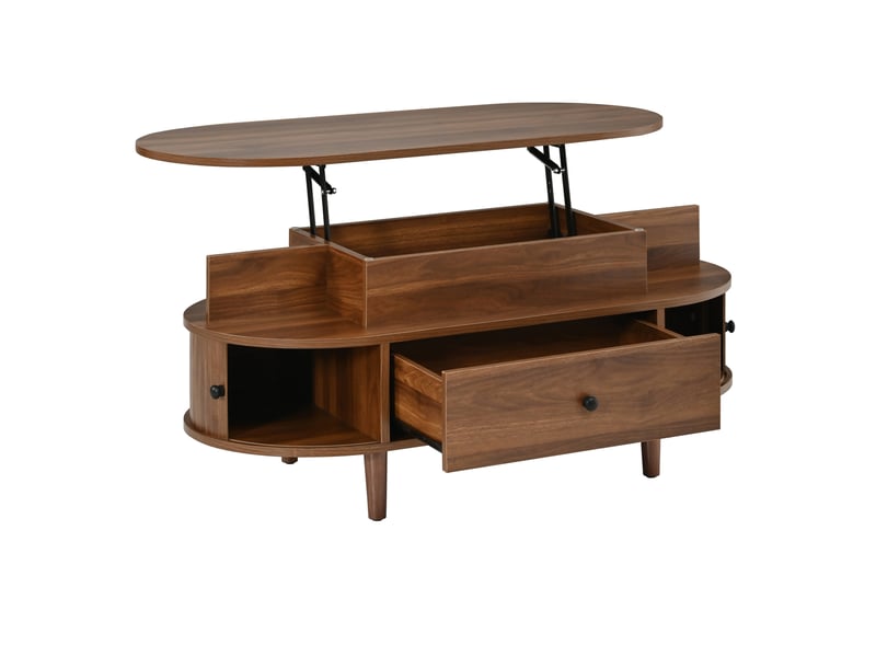  Table basse relevable ovale 105x50 cm – noyer – plateau hydraulique, tiroir et portes coulissantes latérales  - Conforama D