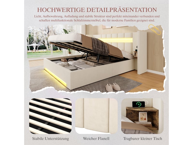 Lit coffre 180x200 cm, lit double, rangement hydraulique, armoire, led, velours beige, port usb  - Conforama R