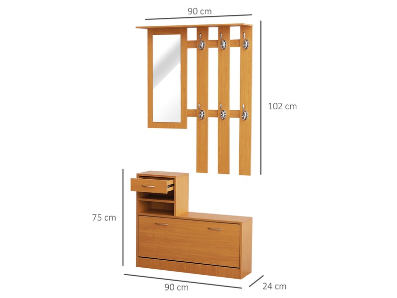  Ensemble entrée 2 pièces miroir + porte-manteau + rangement chaussures, 6 crochets, étagères, tiroir abattant, bois brun  - Conforama E