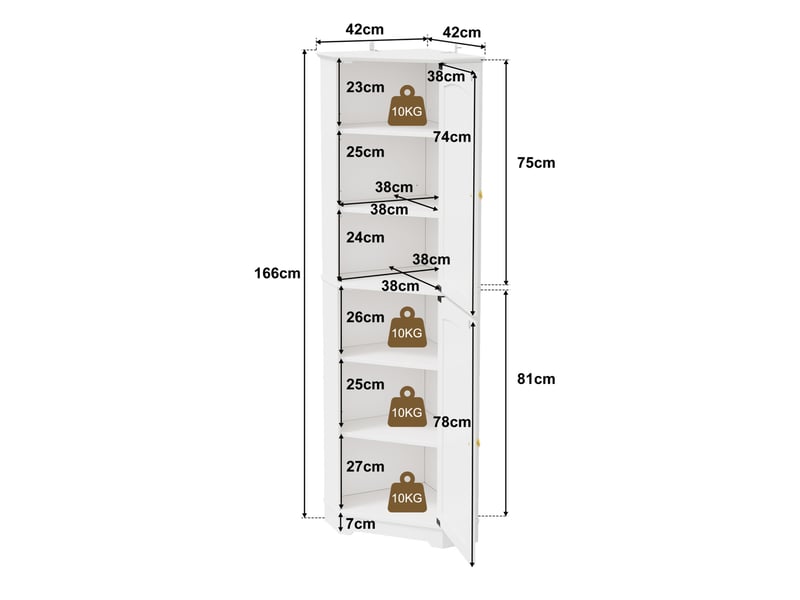  Armoire d'angle 42x42x166 cm 2 portes et tablettes réglables mdf blanc  - Conforama E