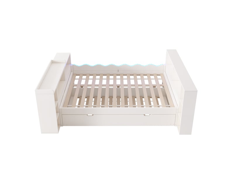  Lit gigogne 140x200 cm blanc avec couchage 90x190 cm, led, prises, rangements et tablette Fay Lum - Conforama D