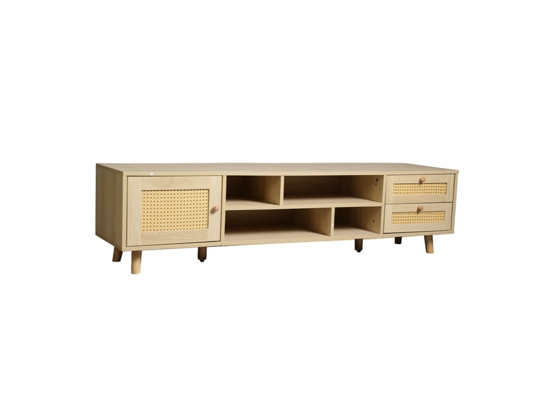  Meuble tv rotin 160 cm pour 70 pouces avec 2 tiroirs et 1 porte, chêne  - Conforama A