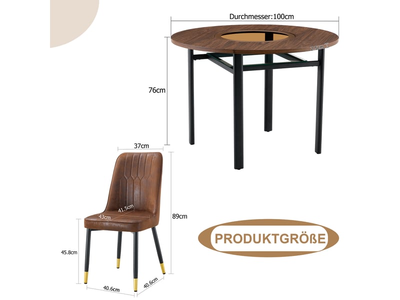  Ensemble table et chaises avec 1 table et 4 chaises  - étagère en verre - mdf, métal et tissu - marron et noir  - Conforama D