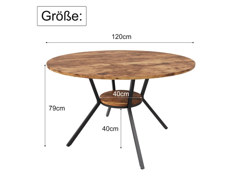  Table à manger ronde - 120x120x79cm - table de cuisine pour 4 à 6 personnes en bois et métal - marron rustique  - Conforama E
