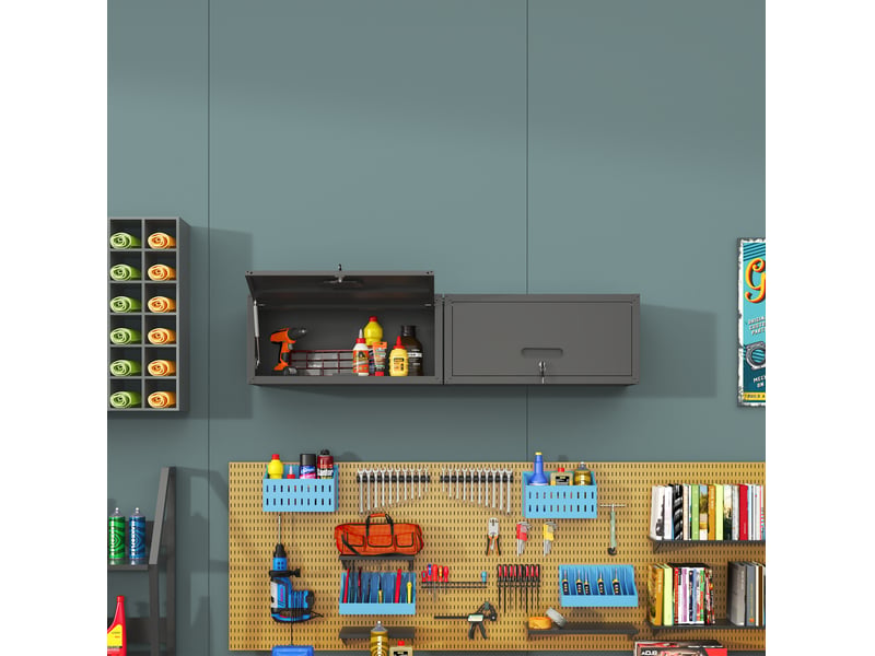  Armoire à outils murale 75 x 30 x 34,5 cm noire en acier, porte relevable verrouillable pour rangement  - Conforama B