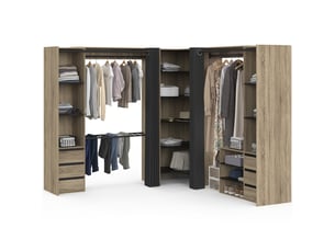 Dressing extensible d'angle marlon 220 x 220 x 180 cm hêtre avec penderies + porte pantalon + étagères + tiroirs + rideaux noirs