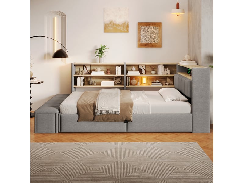 Lit coffre hydraulique 90x200 cm avec led, usb-c, banc coffre et tête réversible, velours gris, sans matelas - Conforama W