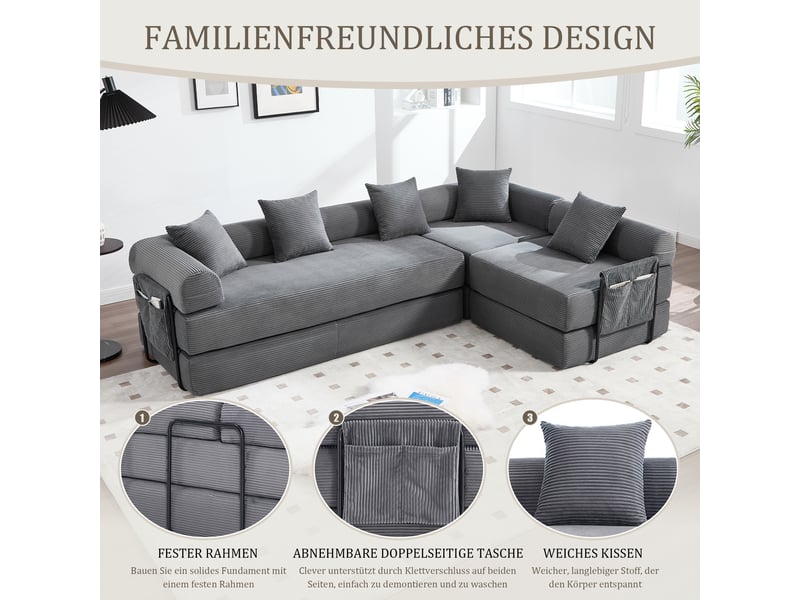 Canapé modulable velours côtelé gris foncé 270 cm avec rangement - Conforama E