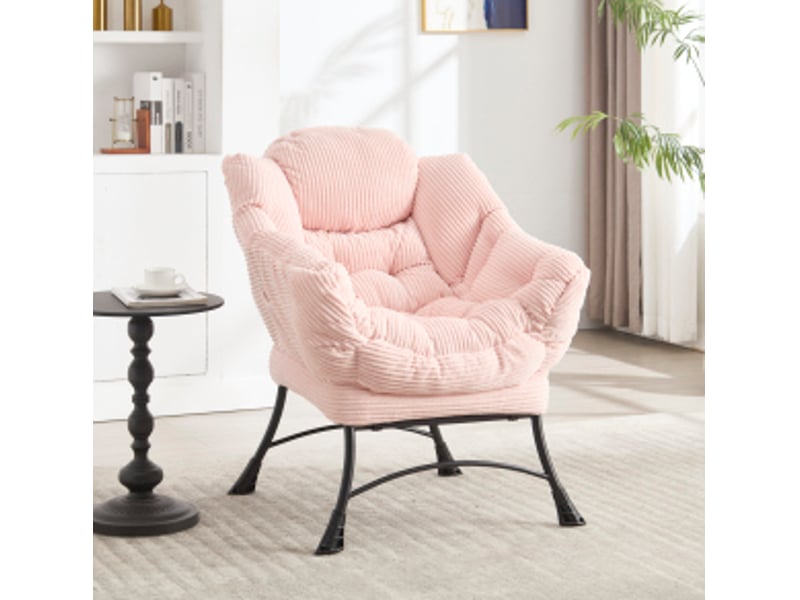 Fauteuil lounge avec repose-pieds, dossier ergonomique et poche latérale, structure en acier et flanelle rose - Conforama B