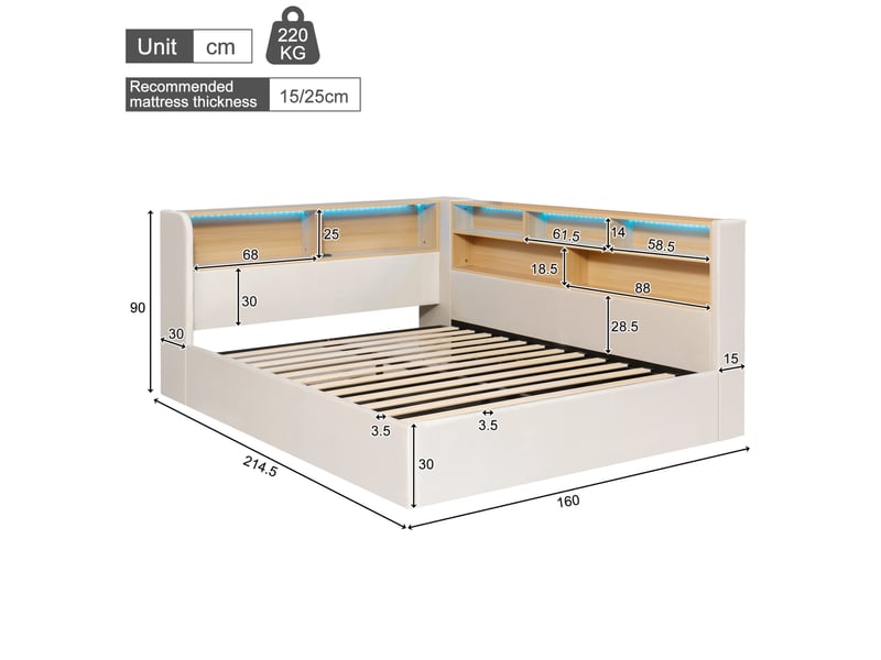  Lit coffre adulte 140x190 cm – beige – rangement hydraulique avec éclairage led, usb et type-c – sans matelas  - Conforama C