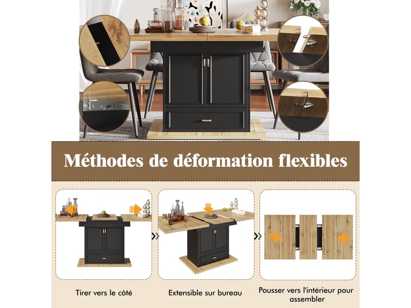  Table à manger extensible,110x80x75 cm,avec rangement,mdf,coloris bois naturel et noir  - Conforama E