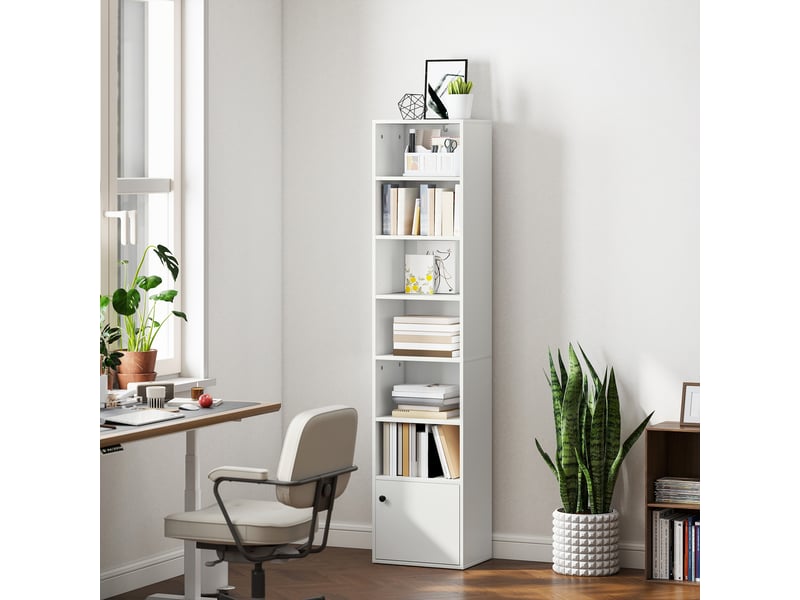 Bibliothèque à 7 niveaux, style moderne, avec étagères ouvertes et porte, 40 x 30 x 180 cm, blanche - Conforama C
