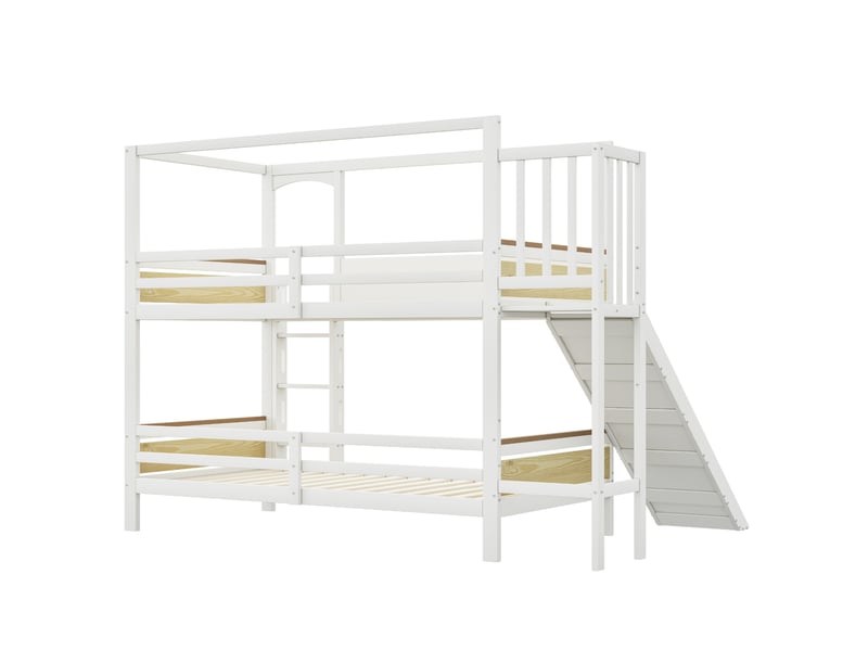  Lit superposé enfant 90 × 200 cm 2 places avec toboggan, barrières et large échelle, sans matelas, blanc et bois  - Conforama E