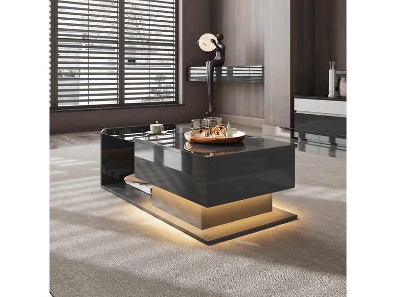  Table basse relevable 100x50cm avec verre trempé et led connectée | coffre et niche laqué brillant | charge 35kg - noir  - Conforama D