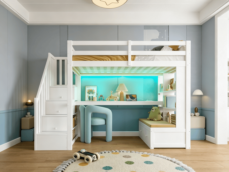  Lit mezzanine 90 × 200 cm avec bureau, étagères, 2 tiroirs intégrés et escalier avec rangement, blanc  - Conforama B
