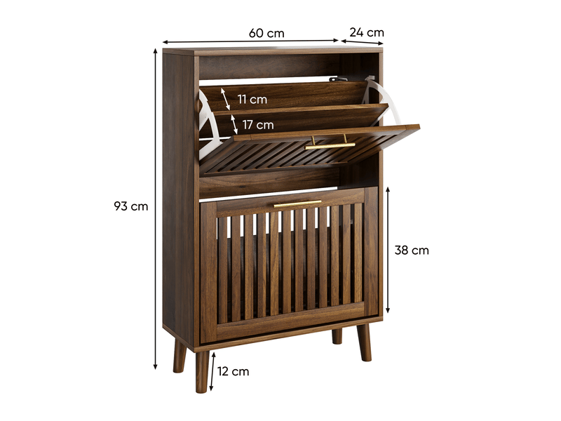  Meuble à chaussures 60 x 24 x 93 cm - 2 portes abattantes à grille – style mid-century modern -bois - noyer  - Conforama C
