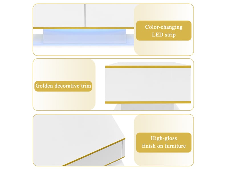  Table basse moderne 100x50x40 cm avec led, 3 tiroirs, finition brillante, pratique, panneau de particules, blanc et or  - Conforama E