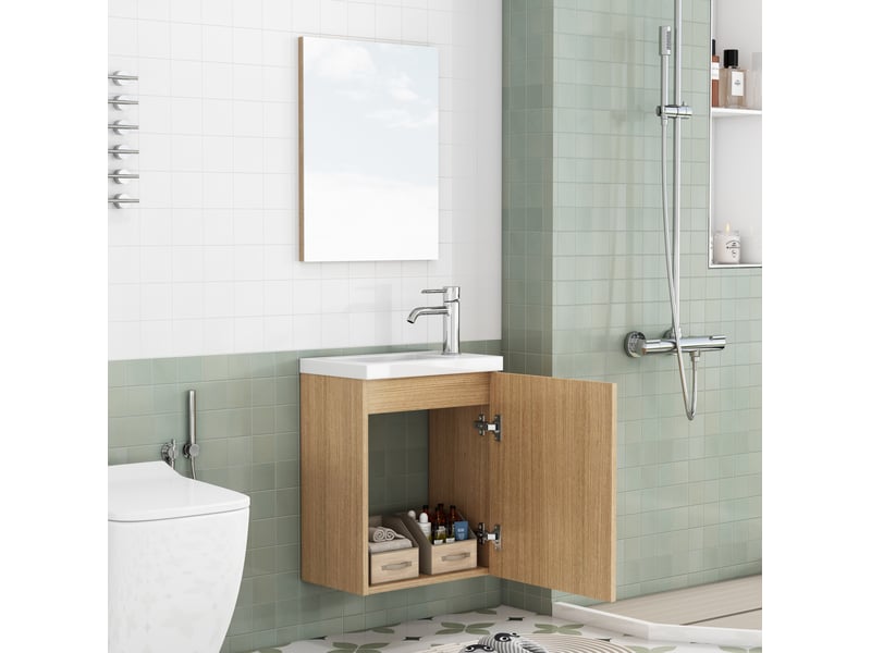 Meuble sous-vasque mural 40x25x48 cm avec lavabo céramique et miroir, chêne - Conforama R