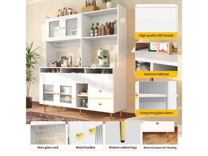  Buffet 150x40x170, moderne minimaliste avec portes vitrées rangement multi-couches accents dorés buffet salle à manger  - Conforama E
