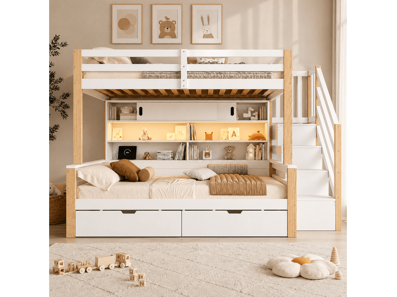  Lit superposé enfant 2 places 90x200 cm en bois blanc et naturel, escalier rangement, led, usb, sans matelas  - Conforama E
