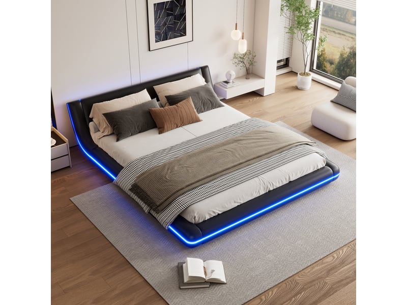  Lit plat au sol 160*200cm, éclairage led d'ambiance, design noir en pu, style moderne, chambre épurée  - Conforama D