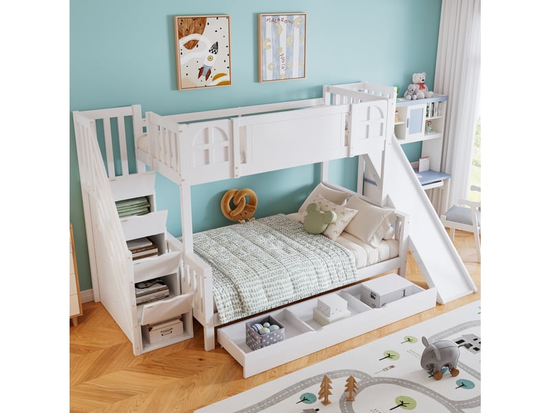  Lit superposé enfant 90x200 et 120x200 cm blanc avec toboggan et rangement  - Conforama E