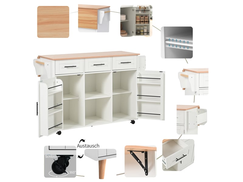  Desserte de cuisine,139x46x91,5 cm,avec plateau rabattable,mdf,blanche effet bois  - Conforama E