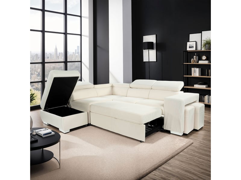  Canapé d'angle à gauche convertible 7 places velours beige - sven  - Conforama C