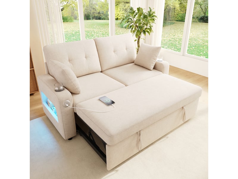 Canapé convertible 2 places 141,5x131x83,5 cm avec led, usb et usb-c, porte-gobelets, rangements accoudoirs, 2 coussins, chenille beige - Conforama B