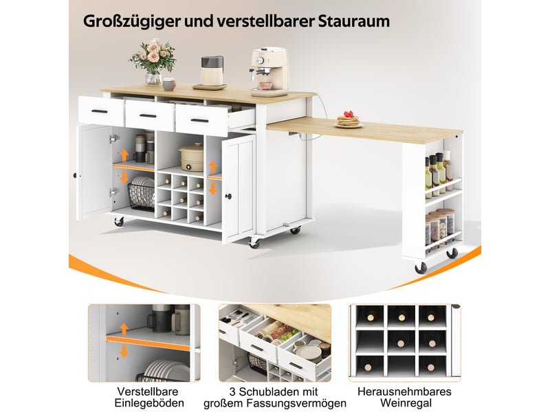  Îlot de cuisine avec plateau extensible 3 tiroirs et 7 roulettes 136-223x50x93 cm N635P3920888990W - Conforama D