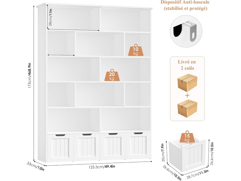 Meuble de rangement enfant bibliothèque enfant avec 13 étagères 4 tiroirs roulants rangement jouet 125.5x33x175cm blanc - Conforama C