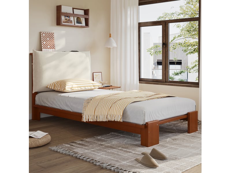  Lit simple 90x200 cm tête de lit rembourrée, lattes stables en pin coloris marron foncé  - Conforama B
