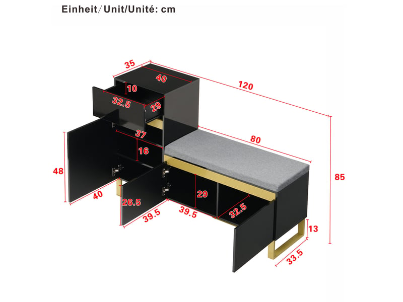 Meuble à chaussures avec 2 portes, 1 tiroir et 1 niche ouverte avec assise rembourrée, en mdf, noir, 120 × 35 × 85 cm - uvrion  - Conforama E
