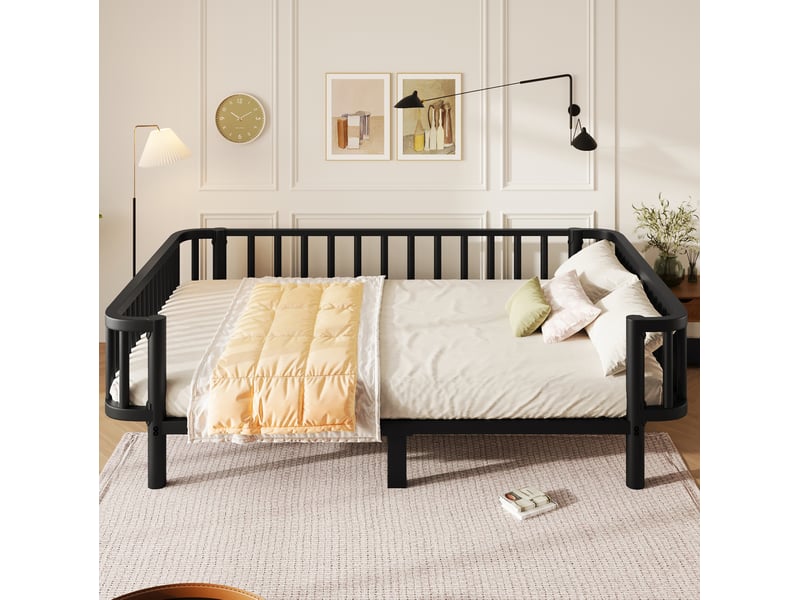  Lit banquette 140x200 cm en métal noir, cadre acier et sommier à lattes renforcées robustes, sans matelas  - Conforama E