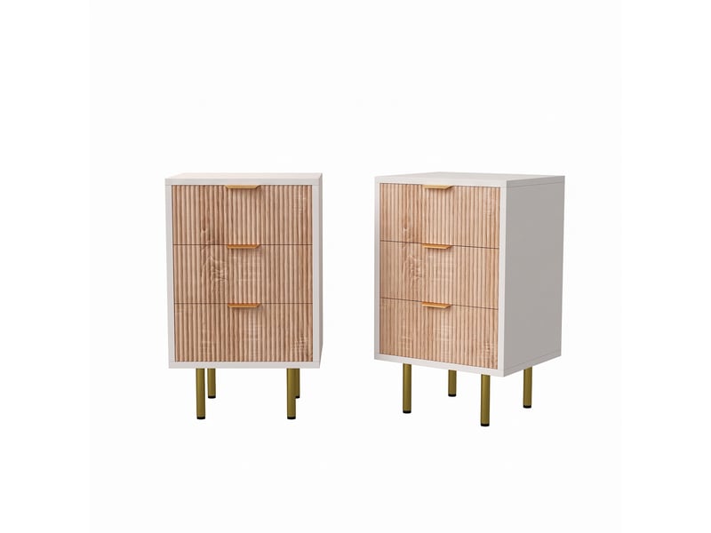 Lot de 2 table de chevet, 3 tiroirs, table d’appoint 40cm, design strié bois et blanc, pieds dorés, meuble de rangement, pour chambre, salon, entrée, style scandinave, chêne clair  - Conforama A