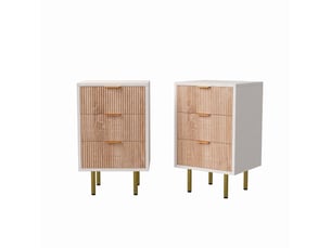 Lot de 2 table de chevet, 3 tiroirs, table d’appoint 40cm, design strié bois et blanc, pieds dorés, meuble de rangement, pour chambre, salon, entrée, style scandinave, chêne clair