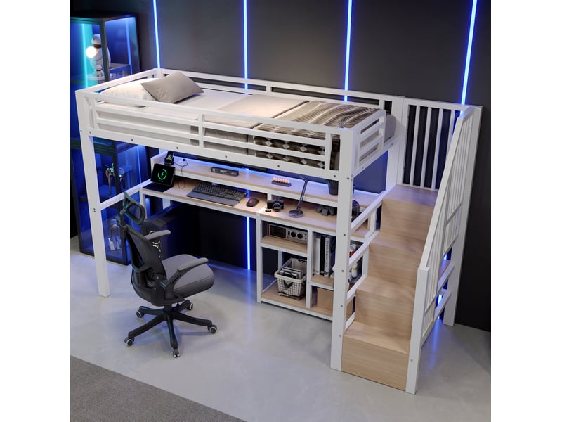  Lit mezzanine 90 × 200 cm 1 place avec étagères, armoire-échelle, led, usb et type-c, sans matelas, blanc  - Conforama C