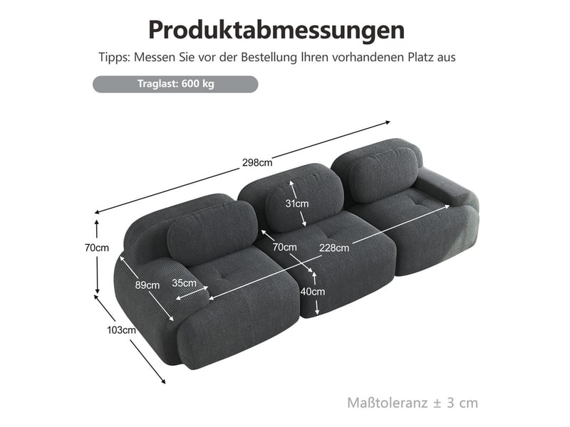  Canapé d'angle modulaire,3 places,avec accoudoirs ergonomiques et rembourrage haute résilience, 298x 103x 70 cm,gris  - Conforama C